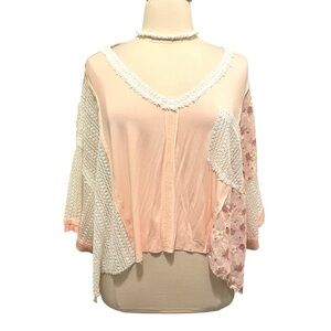 POL Pale Pink Mixed-Fabric Patchwork V-Neck L